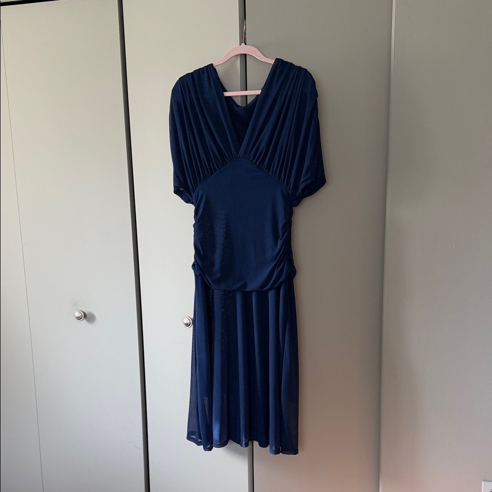 Navy Blue V-Neck Pleated Midi Dress